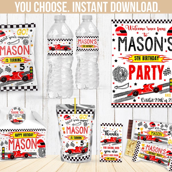 Race car Birthday Party Chip bag - Racing Juice Water bottle label - digital two fast  Candy bar - Welcome sign thank you tag Box B51