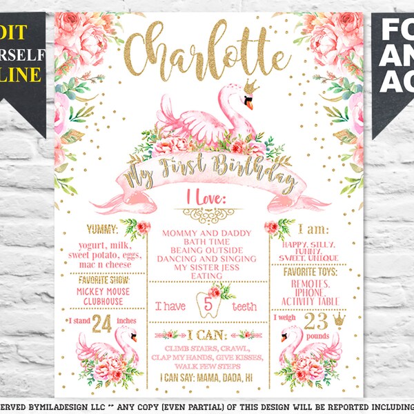 Princess Swan First Birthday chalkboard sign - 1st party chalk board poster banner milestone template supplies favors (793)