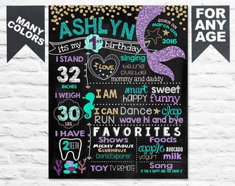 First Birthday Mermaid chalkboard sign - 1st birthday chalk board poster under the sea for a girl (308)