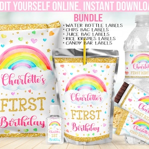 Editable Rainbow Birthday Party Decorations -  Chip bag label favors - Candy Bar wrapper - Juice Label - Water Bottle sticker B38