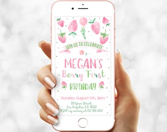 Digital Berry First birthday invitation e vite - Strawberry text invite - Message Phone evite Template (21-19evite)