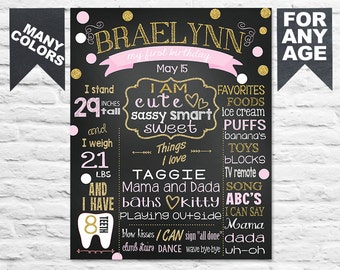 SALE Confetti First Birthday chalkboard sign 1st birthday party sign milestone banner chalk board for a girl boy pink gold colorful (231)