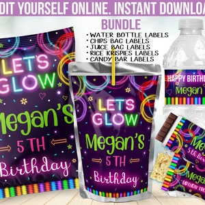 Glow Neon Party Decorations -  Birthday Decor Glow in the dark - Chip bag label favors - Chocolate wrapper - Juice Water Bottle sticker B47