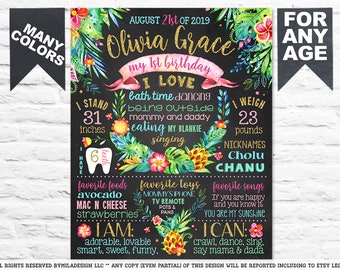 Tropical Leaves Pineapple First Birthday chalk board sign - Luau Hawaiian 1st party chalkboard poster banner milestone PRINTABLE (644)