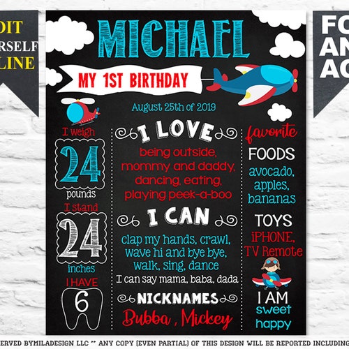 Airplane First Birthday Chalkboard Sign 1st Party Chalk Etsy