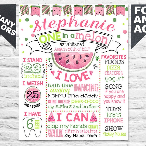 Watermelon First Birthday Party sign poster board milestone - white chalkboard for girl - one in a melon red pink 1st - PRINTABLE (479pink)