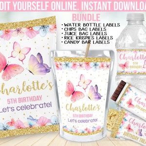 Butterfly Birthday Party Decor -  First Birthday Chip bag label favors - Chocolate wrapper - Juice decoration - Water Bottle sticker B17
