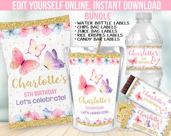 Butterfly Birthday Party Decor -  First Birthday Chip bag label favors - Chocolate wrapper - Juice decoration - Water Bottle sticker B17