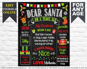 Puede incluir: Un letrero navideño estilo pizarra con el texto "Querido Santa, tengo 5 años". El letrero incluye una lista de deseos, golosinas favoritas y otros detalles. El letrero está decorado con gráficos festivos y el texto "Edit Yourself Online".