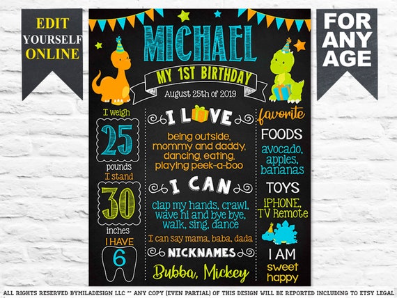 Dinosaur First Birthday chalkboard sign - Dino 1st party chalk board poster banner milestone template supplies favors blue boy (712)