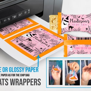 May include: Pink Halloween-themed treat wrappers with a spiderweb design, ghosts, and the text "Madison's 1st BOO-THDAY." The image shows the wrappers being printed and assembled, with the text "MATTE OR GLOSSY PAPER" and "TREATS WRAPPERS."