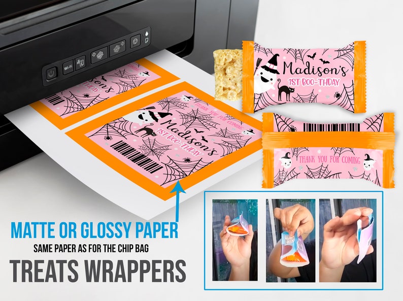 May include: Pink Halloween-themed treat wrappers with a spiderweb design, ghosts, and the text "Madison's 1st BOO-THDAY." The image shows the wrappers being printed and assembled, with the text "MATTE OR GLOSSY PAPER" and "TREATS WRAPPERS."