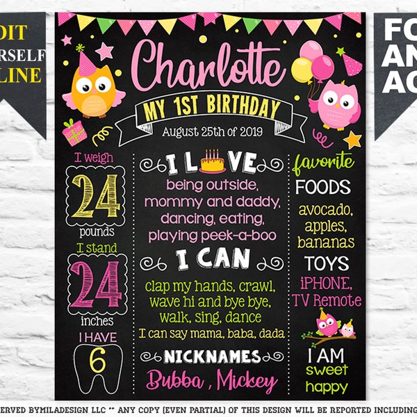 Owl First Birthday chalkboard sign - 1st party chalk board poster banner milestone template supplies favors girl (726)