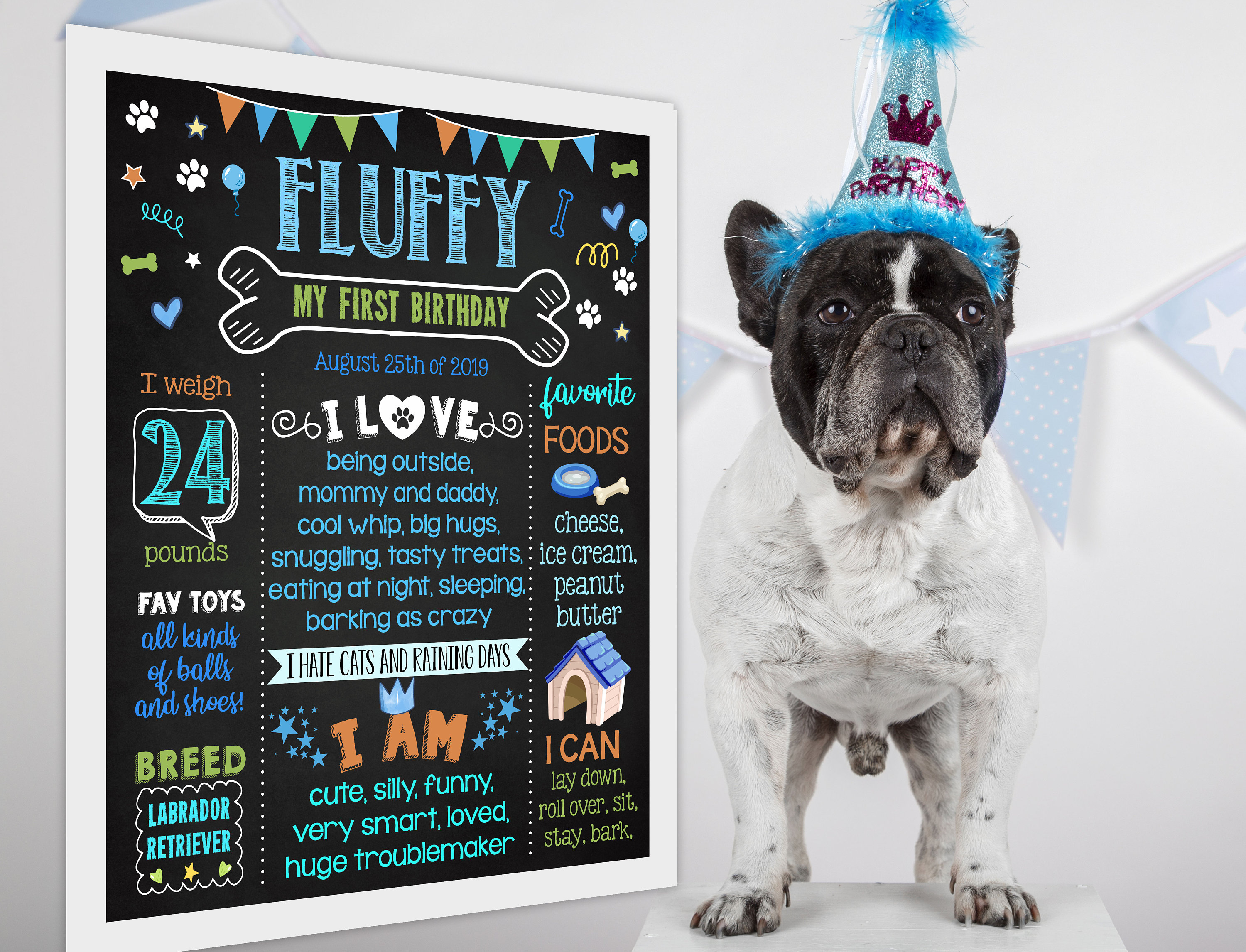 Printable Dog Birthday chalkboard sign party chalk board poster banner  milestone editable template (894)