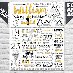 May include: A black and white poster with gold glitter accents, celebrating a first birthday. The poster includes the name "William", the date, and phrases like "I love", "I can", and "faves". Measurements are in pounds and inches.