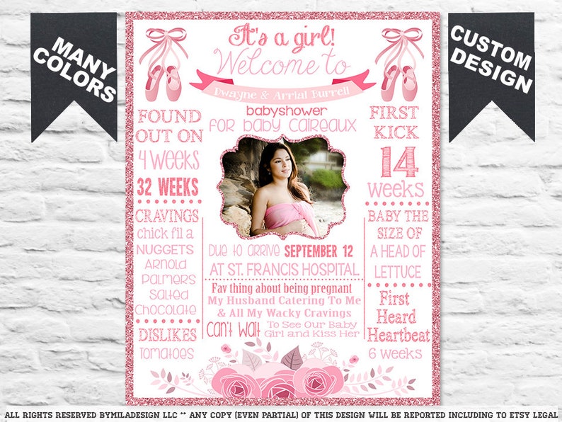 white chalkboard decoration Printable Its a Girl Baby Shower sign board poster banner milestone Ballet shoes pink floral flowers 500