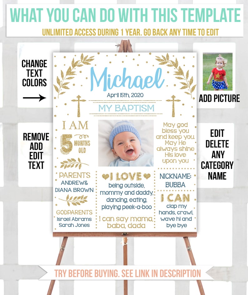 Instant Download 920 Editable Boy Baptism chalkboard sign Christening chalk board poster milestone template with photo picture