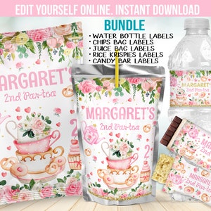 Tea Birthday Party Favors - 2nd Second Bday decor with Chip bag -  decorations for a girl - Editable Template download B76