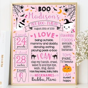 Halloween First Birthday chalkboard sign for a girl - Boo 1st chalk board milestone poster (1022)