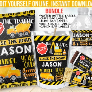 Editable Construction Birthday Party Decorations -  Chip bag label favors - Candy Bar wrapper - Juice Label - Water Bottle sticker B6