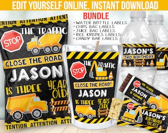 Editable Construction Birthday Party Decorations -  Chip bag label favors - Candy Bar wrapper - Juice Label - Water Bottle sticker B6