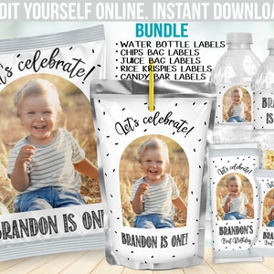 Editable Boy Birthday Party Decorations with photo - Chip bag label wrapper - Juice Labels - Rice Candy Bar  - Water Bottle sticker B44