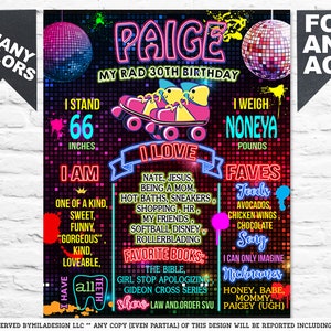 May include: A neon pink and blue birthday sign with the name Paige and the text "My Rad 30th Birthday". The sign features a disco ball, roller skates, and a list of things the birthday person loves. The sign is decorated with a pixelated background.