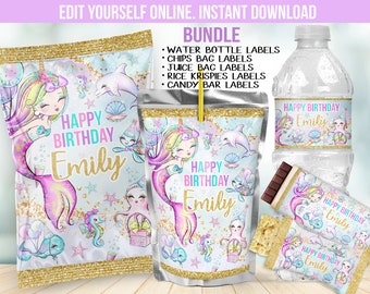 May include: A printable mermaid-themed party favor bundle with labels for water bottles, chips bags, juice boxes, rice krispies treats, and candy bars. The labels feature a mermaid with pink and purple hair, a blue tail, and a crown. The text on the labels reads "Happy Birthday Emily".