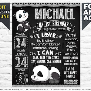 Panda First Birthday chalkboard sign - 1st party chalk board poster banner milestone template decoration for a boy 897