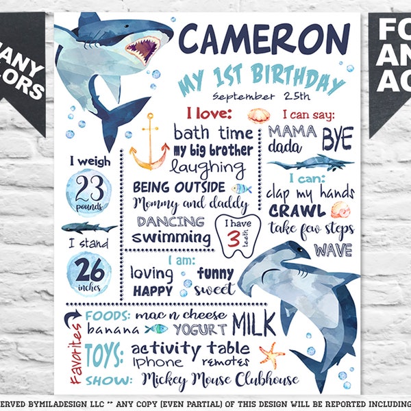 Shark Birthday chalkboard sign poster banner milestone white chalk board for a boy - Under the sea - first second third 4th PRINTABLE (698)