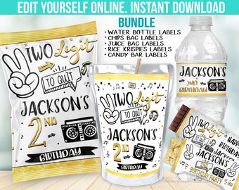 May include: A printable set of birthday party labels featuring a black and gold design with the text "Two Legit to Quit" and "Jackson's 2nd Birthday". The labels are for water bottles, chips, juice, rice krispies, and candy bars.