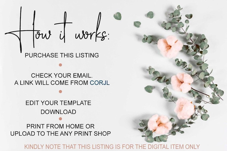 May include: White background with text that reads "How it works: Purchase this listing, Check your email, Edit your template, Download, Print from home or upload to the any print shop." Pink flowers and green leaves are also present.