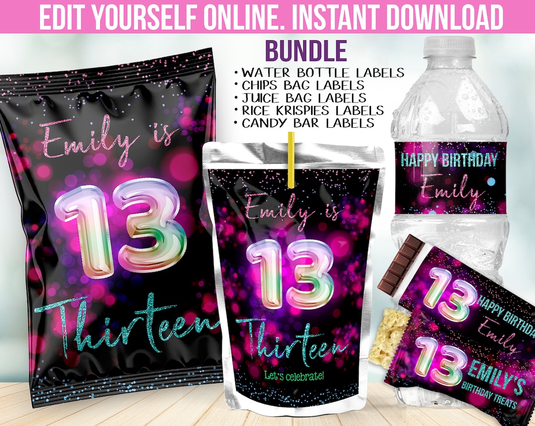 13th Birthday Party Favors Thirteen Chip Bag Label Supplies Treats