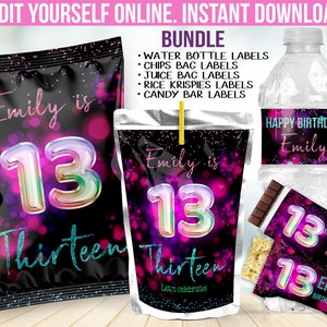 13th Birthday Party Favors - Thirteen Chip Bag label Supplies Treats party package - Water Bottle - CandyBar Printable Digital Template B57