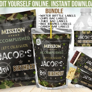 Army Camoflauge Birthday Party decoration for Military Camo boy themed party favors decor - Instant Download Editable Template B56