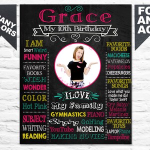 Printable 10th Birthday chalkboard sign for a girl with photo - teens bday chalk board poster banner milestone gifl custom PRINTABLE (403)