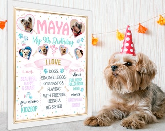 Op de afbeelding: Een ingelijste verjaardagsaffiche met de naam "MAYA" en de tekst "My 9th Birthday". De poster bevat foto's van honden en vermeldt "I LOVE" honden, zingen, Lego's, gymnastiek, spelen met vrienden en een grote zus zijn. Een hond met een feesthoed staat op de voorgrond.