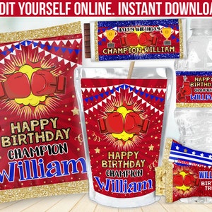 Boxing Birthday Party Decorations -  Supplies Chip bag label favors - Candy Bar wrapper - Juice Label - Water Bottle sticker - Gable box B14