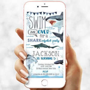 Shark Birthday Digital Invitation - Shark Party text invite template - Instant download for a boy (21-9evite)