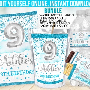 Editable 9th Birthday Party Decorations -  Chip bag label favors - Candy Bar wrapper - Juice Label - Water Bottle sticker B40