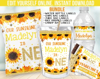 May include: A bundle of printable party labels and wrappers with a sunflower theme. Includes water bottle labels, chip bag labels, juice bag labels, Rice Krispies labels, and candy bar labels. The text includes "Our Sunshine Madelyn is One" and "Happy Birthday Madelyn".