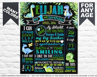 Dinosaur First Birthday party sign -  white chalk board chalkboard poster banner milestone for a boy - wild one - PRINTABLE (618black)