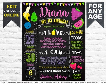 Fruits First Birthday chalkboard sign - Two-tti Frutti Tutti-frutti Twotti  party chalk board poster banner milestone template supplies (697
