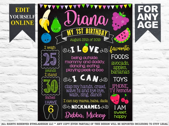 Fruits First Birthday Chalkboard Sign Two Tti Frutti Etsy