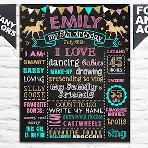 Unicorn 5th Birthday chalkboard sign poster banner milestone chalk board - Gold Glitter B-day Party chalk board 1st 2nd 3rd PRINTABLE (482)
