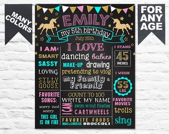 Unicorn 5th Birthday chalkboard sign poster banner milestone chalk board - Gold Glitter B-day Party chalk board 1st 2nd 3rd PRINTABLE (482)