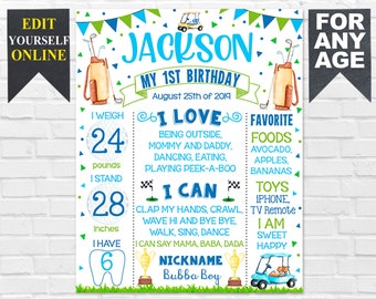 Golf First Birthday Milestone poster - 1st party birthday sign for a boy - editable board (1021)