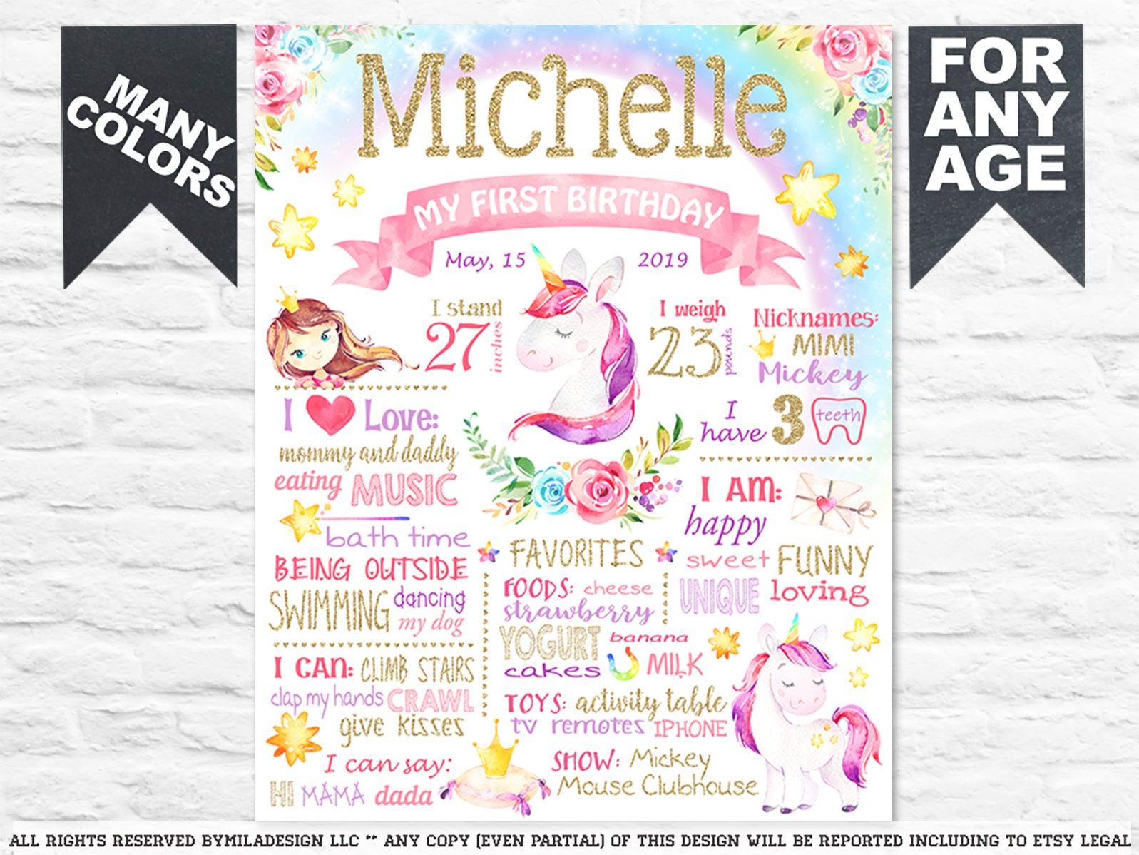 rainbow unicorn first birthday poster party supplies etsy