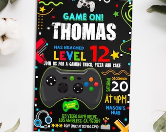 Editable Gamer Birthday invitation - Video Game Party invite - Gaming Game On - Instant download template digital (20-36)