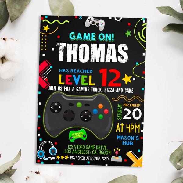 Editable Gamer Birthday invitation - Video Game Party invite - Gaming Game On - Instant download template digital (20-36)